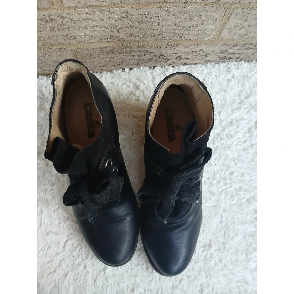Casta Women's Black Leather Seude Block Heel Booties Sz 37 US 6.5 Witchy Goth